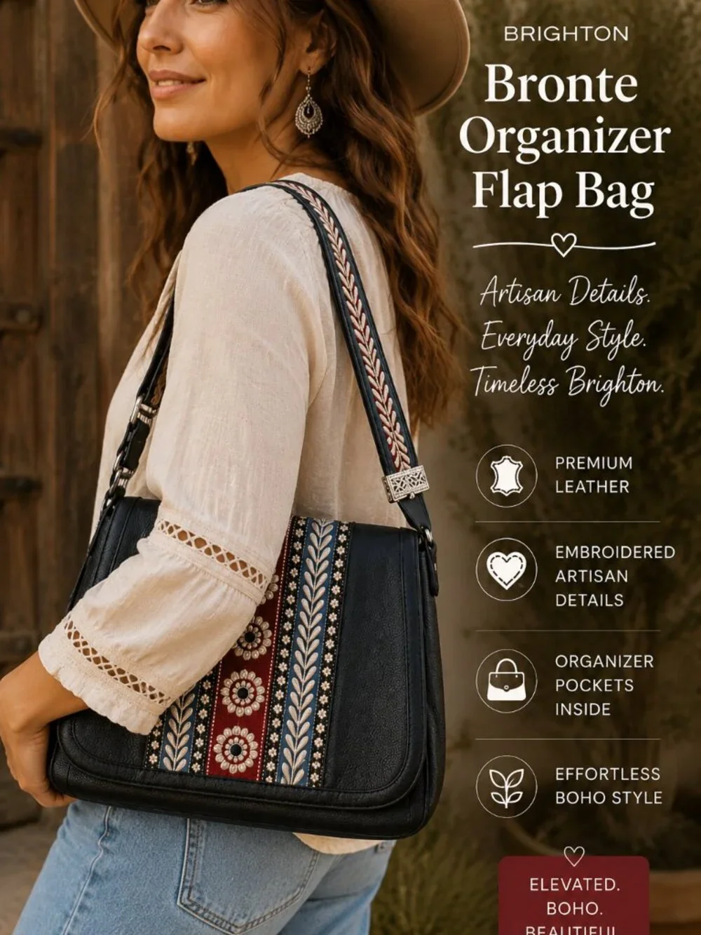 Brighton Bronte Organizer Bag Black Leather Embroidered Western Boho Shoulder